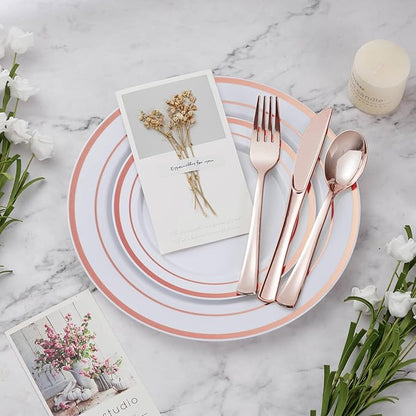 BESTVIP 600PCS Plastic Dinnerware Set (100 Guests), Rose Gold Disposable Plates for Party, Wedding, Christmas, Anniversary, Includes: Dinner Plates, Dessert Plates, Cups, Spoons, Forks and Knives