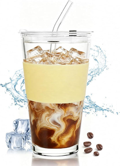 Birity 16oz Glass Cups with Lids and Straws, Glass tumbler With Straw and by 24ozRibbedGlassCup