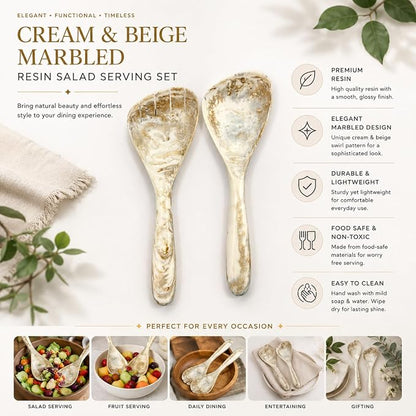 SS CRAFTS INDIA Premium 11" Marbled White & Brown Resin Salad Servers | Set of - Image 8
