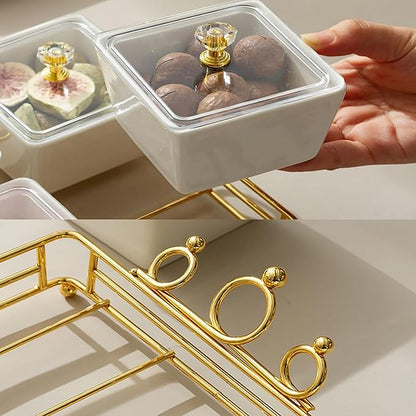 YA JU Ceramic Bowls and with Lid Gold Basket Trays, 3 Removable Small Bowls Condiment Trays Nut Serving Set for Snacks, Fruits, Candy and Condiments - Great for Parties, Holiday Gifts, White