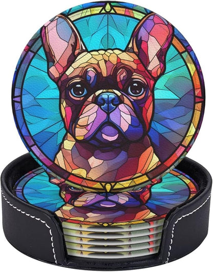 French Bulldog Stained Dog Breed Glass Art Leather Drinks Coasters by Novgift
