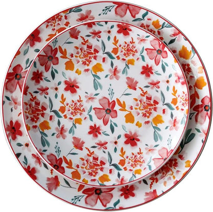 Porcelain Floral Plates 8 Inches &10 Inches 4 Pieces Total,Ceramic Dessert Plate,Appetizer Salad Plate Set, Dinnerware Dinner Plates for Kitchen,Cake Snacks