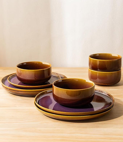 TheTerra Ceramic Dinnerware Sets for 4, 12 Pieces Handmade Reactive Glaze Plates and Bowls Set, Scratch Resistant Dish Set, Oven & Microwave & Dishwasher Safe, Amber Amethyst