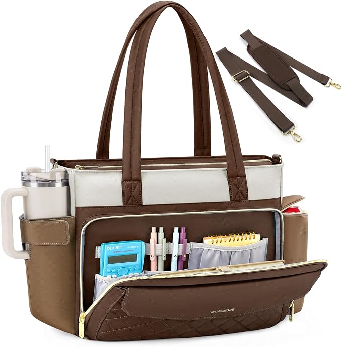 RAINSMORE Teacher Bag for Women, 15.6" Laptop Work Tote, 40oz Cup Holder | by RAINSMORE