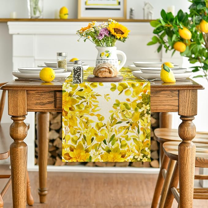 Artoid Mode Yellow Flowers Floral Eucalyptus Summer Table Runner, Seasonal - Image 2