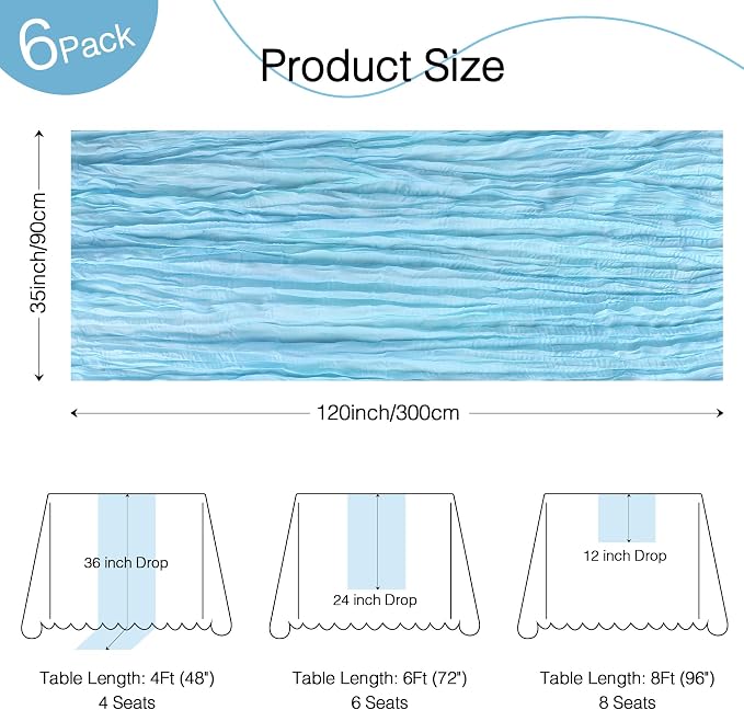 6 Pack Light Blue Cheesecloth Table Runner Boho Gauze Home Decor | 120 Inch - Image 2