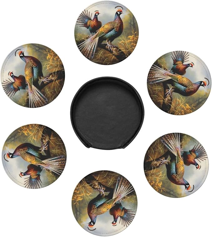 6Pcs PU Leather Coaster for Drinks, Pheasants Animals Cup Coasters - Image 7