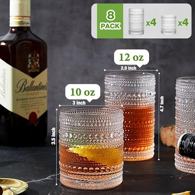 Hlukana Vintage Hobnail Drinking Glasses Set of 8, 12 oz Highball Glasses & 10 - Image 3