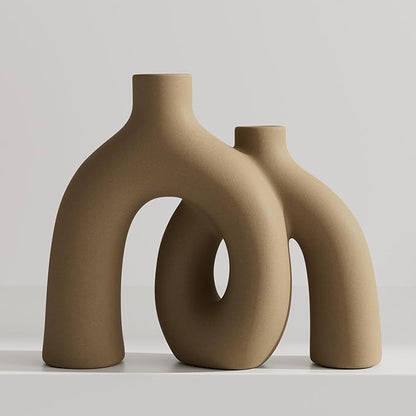 Hug Donut Decorative Vase Set - Tan Modern Rustic Farmhouse Style Vases Home Decor,Matte Ceramic Decorations for Living Room Shelf, Bookshelf Mantle Entryway Table Centerpiece or Console Décor(Brown)