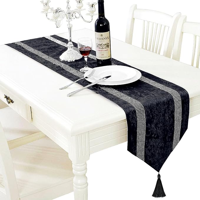 Elegant Sequin Rhinestone Black Table Runner, Ombre Velvet, Double-Layer by Jiino