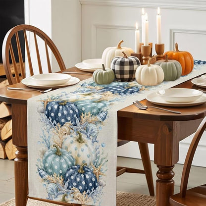 Blue Pumpkins Table Runners 72 Inches Long, Fall Thanksgiving Cotton Linen - Image 4
