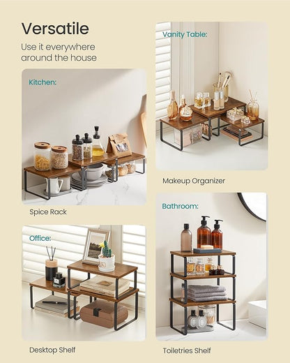 SONGMICS Cabinet Organizer Shelf, Set of 3 Kitchen Counter Shelves, Kitchen Storage, Spice Rack, Stackable, Expandable, Rustic Brown and Matte Black UKCS220K02