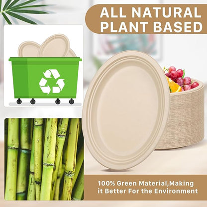 50 Pack Oval Paper Plates, 12 Inch Disposable Paper Plates Heavy Duty,Compostable Oval Plate, Natural Bagasse Sugarcane Plate for BBQ Party Picnic Gathering, Natural Brown