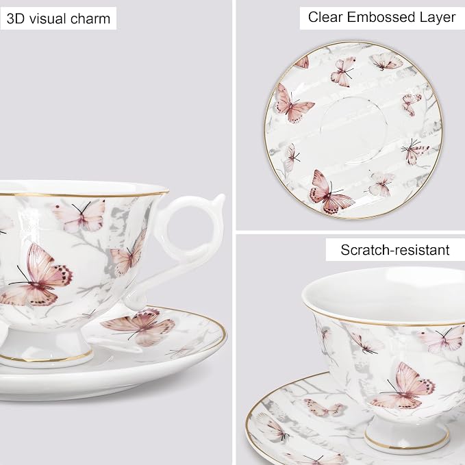 fanquare 6oz Pink Butterflies Porcelain Tea Cups and Saucers Set of 6 | Elegant - Image 3