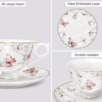 fanquare 6oz Pink Butterflies Porcelain Tea Cups and Saucers Set of 6 | Elegant - Image 3
