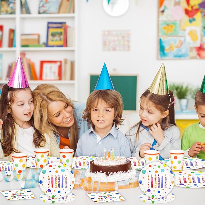Birthday Plates & Napkins, Colorful Dots, 7 Inch, Disposable Paper Dinnerware - Image 6