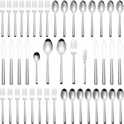 45-Piece Forged Hammered Stainless Steel Flatware Cutlery Set for 8, SXY INOX Includes 8 sets and 1 Butter Knife,1 Serving Tablespoon,1 Cold Meat Fork,1 Pierced Tablespoon,1 Suger Spoon