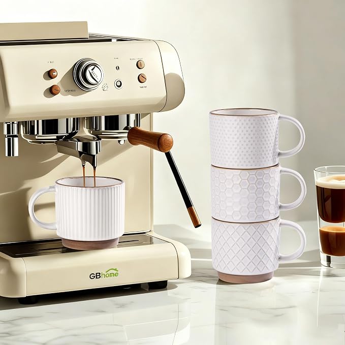 GBhome 12 OZ Stackable Coffee Mugs Set of 4, Ceramic White Coffee Cups Set | - Image 5