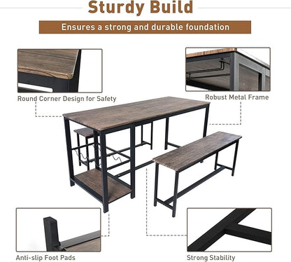 3 Piece Rustic Brown Rectangular Dining Table Set with Bench, 55''L x 25.2''W, Mid Century Modern Dining Set for Small Spaces, Compact with Storage Shelf Rack, Wine Rack