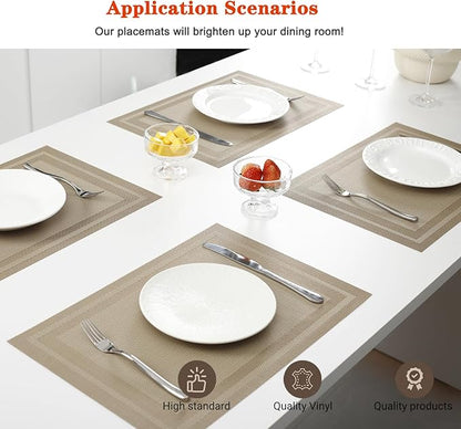 Placemats Set of 4,Washable,Heat and Stain Resistant Indoor/Outdoor Place mats,Vinyl Woven Non Slip Table Mats for Restaurant Table Protection,PVC Placemats(Beige,4PCS)
