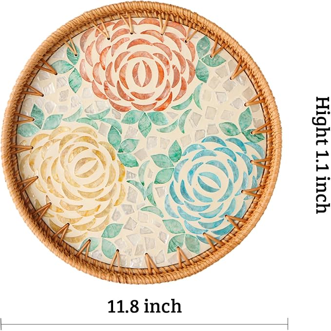 Round Rattan Tray with Mother of Pearl Inlay, Wooden Base | Coffee Table - Image 3