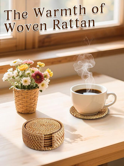 6pcs Natural Handmade Rattan Coasters with Holder - Wicker Drink Coasters Set for Protecting Table, Housewarming Gifts Boho Home Decor