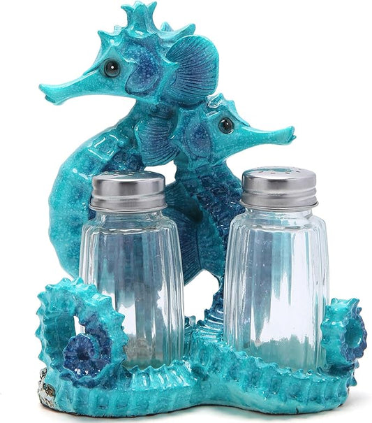 Hodao Seahorse With Salt and Pepper Shaker Figurines Decorations Set with Holder Figurine for Beach Bar or Tropical Kitchen Decor Table Decorations By Home Gifts (Seahorse-Blue)