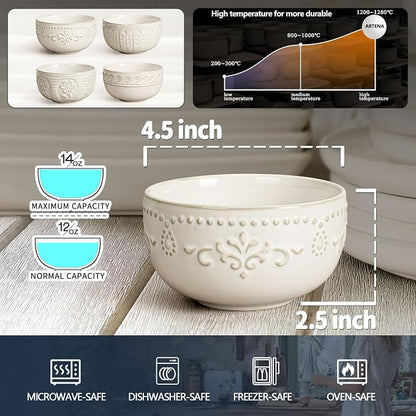 Small Bowls Set of 4, 12 oz Ceramic Embossment Dessert Bowls, Ice Cream - Image 5