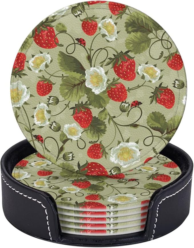 6 Pcs Strawberry Ladybug Leather Coasters by Jfniub