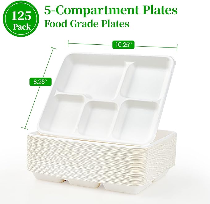 Compostable Disposable 5 Compartment Paper Plates, 10.25inch | 125 Pack - Image 3