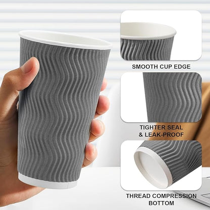 500 Pack 16 oz Disposable Coffee Cups No Lids, Insulated Ripple Wall Paper Coffee Cups 16oz for Hot Chocolate Tea Home Travel Office (Grey)
