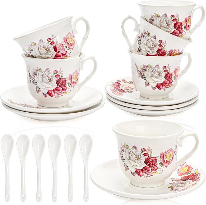 WRINGKIT Tea Cups and Saucers Set of 6, 6 Oz Porcelain Floral Tea Cups by WRINGKIT