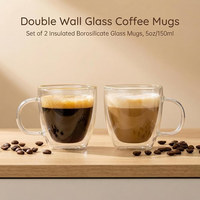 Double Wall Glass Coffee Mugs 5oz / 150ml, Stylish Tazas de Cafe Con Estilo - Image 2