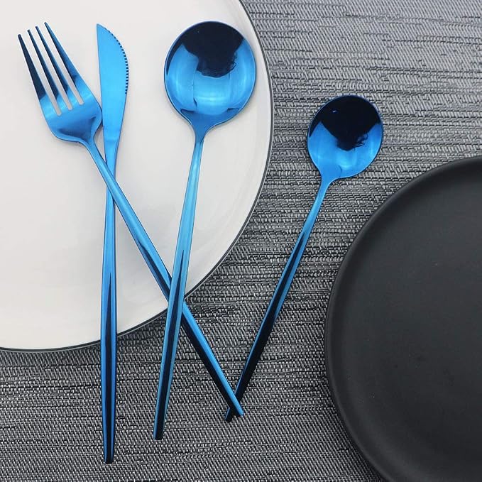 JASHII Shiny Blue Silverware Set, 20-Piece Stainless Steel Satin Finish Flatware - Image 2