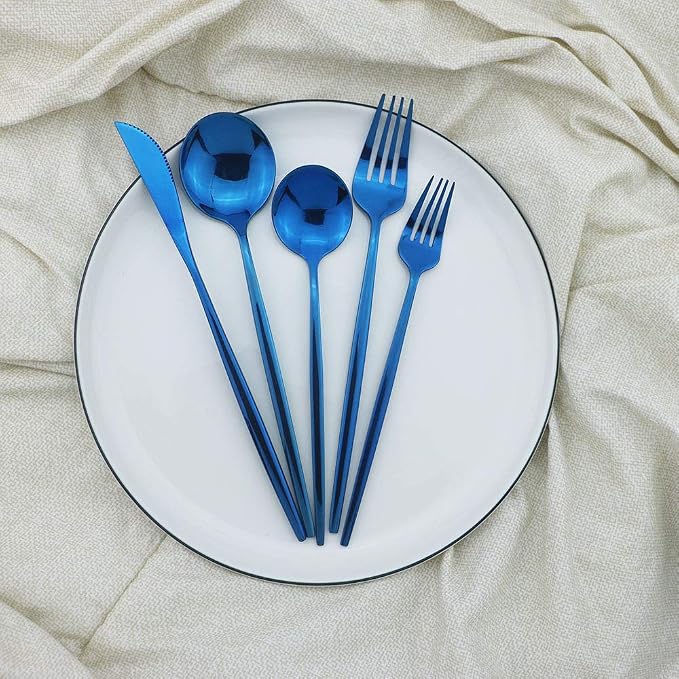 JASHII Shiny Blue Silverware Set, 30-Piece Stainless Steel Satin Finish Flatware - Image 2