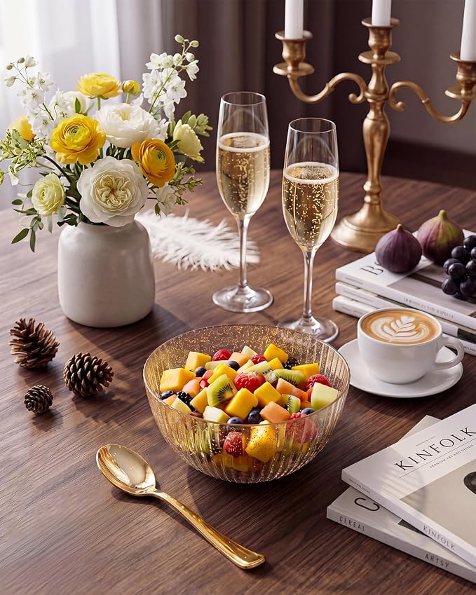 bUCLA 12 PCS Plastic Cereal Bowls Set - 28 Oz Gold Glitter Disposable Vertical - Image 4