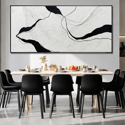 Extra Large Black Line Abstract Hand Painted Canvas Wall Art Gray and Black Minimalist Modern Painting with Framed for Living Room Bedroom Office Wall Decor 40x88 Inch