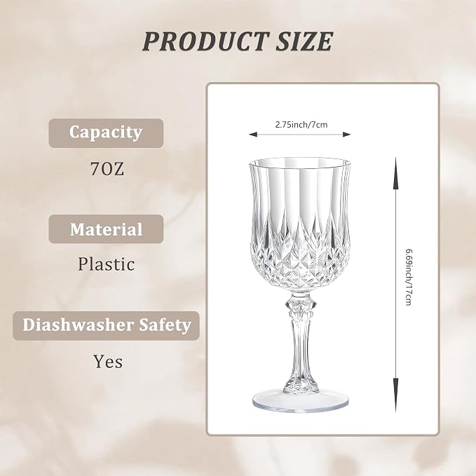 7OZ Plastic Wine Glasses, Reusable Vintage Goblets Unbreakable Drinking Glasses - Image 2
