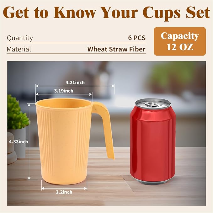 Wheat Straw Coffee Mugs 6-Pack– Unbreakable & Lightweight Cups, 12oz Stackable - Image 2