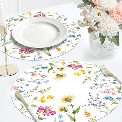 50 PCS Disposable Floral Paper Placemats - Watercolor Wildflower Round Placemat Spring Summer Table Mats for Home Kitchen Dinner Table Dining Party Decoration