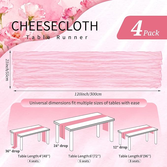 4 Pack Cheesecloth Table Runner 10FT Light Pink Table Runner Boho Gauze Cheese - Image 2
