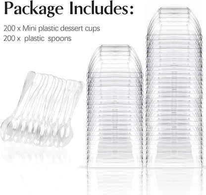 TOFLEN 200ct 2 oz Mini Dessert Cups with Spoons, Clear Plastic Reusable Small Party Serving Cups for Appetizers, Hors D'oeuvres Plates