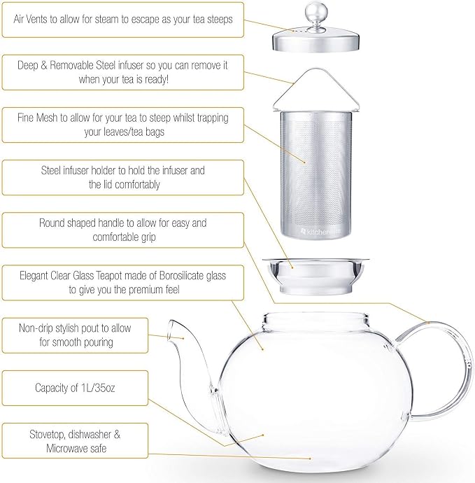 Glass Teapot Set with 4 Double Wall Tea Cups & Removable Stainless Steel Infuser - Image 6