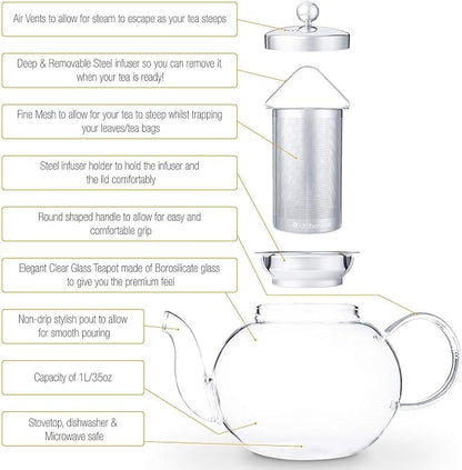Glass Teapot Set with 4 Double Wall Tea Cups & Removable Stainless Steel Infuser - Image 6