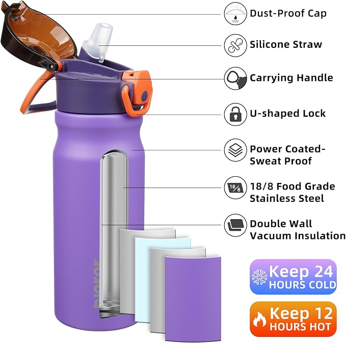 BJPKPK 18 oz Water Bottle with Straw & Handle, Insulated Stainless Flask | Leak - Image 2