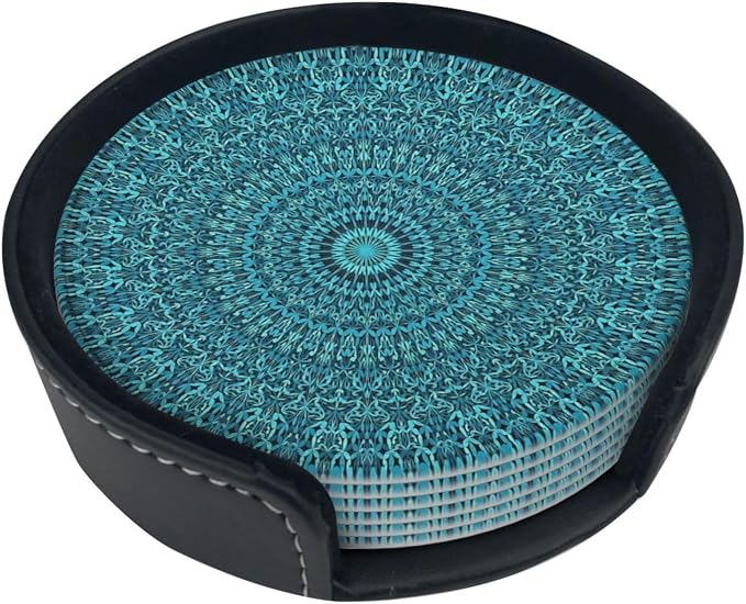 6 Pcs Mandala Turquoise Teal Blue Green Leather Coasters - Image 2