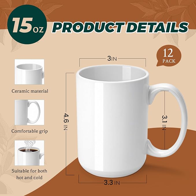 Joyclub Sublimation Mugs Blank 15 oz Coffee Mugs Bulk White Ceramic Cups - Image 3
