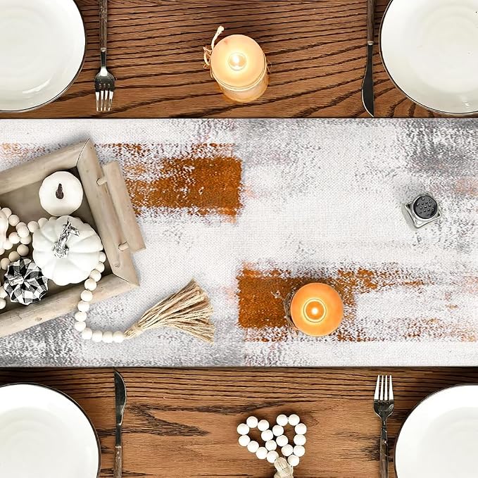 OYIMUA Orange and White Abstract Modern Table Runner, Art Rustic Kitchen Dining - Image 2