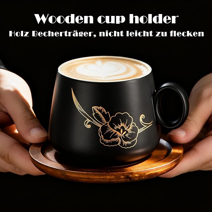 Yundu 10oz Cappuccino Cups & Wooden Saucers Set - Image 4