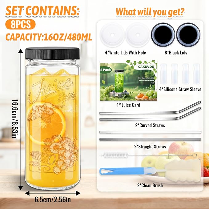 8 Pack 16oz Glass Juice Bottles - Image 2